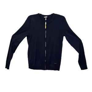 Ellen Tracy Blue Cardigan with Pearl and Gold Zipper Detail